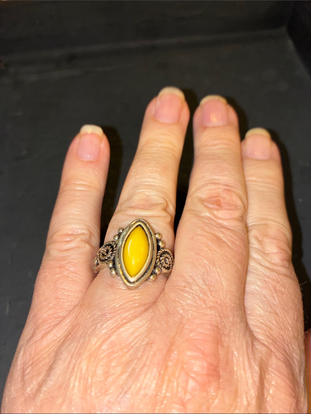 Ornate Silver Stretch Ring with Yellow Marquise Stone